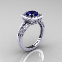 Renaissance Classic 14K White Gold 1.23 CT Princess Blue Sapphire Diamond Engagement Ring R220P-14KWGDBS