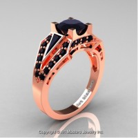 Classic Edwardian 14K Rose Gold 1.0 Ct Black Diamond Engagement Ring R285-14KRGBD