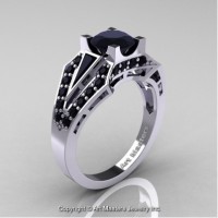 Classic Edwardian 14K White Gold 1.0 Ct Black Diamond Engagement Ring R285-14KWGBD