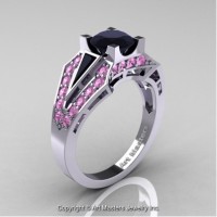 Classic Edwardian 14K White Gold 1.0 Ct Black Diamond Light Pink Sapphire Engagement Ring R285-14KWGLPSBD