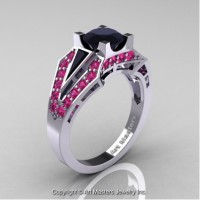 Classic Edwardian 14K White Gold 1.0 Ct Black Diamond Pink Sapphire Engagement Ring R285-14KWGPSBD