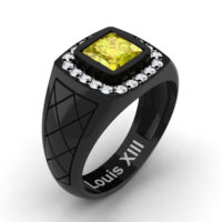 Mens Modern 14K Black Gold 1.25 Ct Princess Yellow Sapphire Diamond Wedding Ring R1131-14KBGDYS