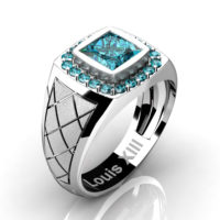 Mens Modern 14K White Gold 1.25 Ct Princess Blue Diamond Wedding Ring R1131-14KSWGBLD