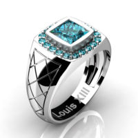Mens Modern 14K White Gold 1.25 Ct Princess Blue Diamond Wedding Ring R1131-14KWGBLD