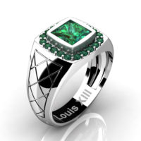 Mens Modern 14K White Gold 1.25 Ct Princess Emerald Wedding Ring R1131-14KWGEM