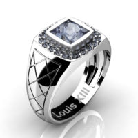 Mens Modern 14K White Gold 1.25 Ct Princess Grey Sapphire Wedding Ring R1131-14KWGGS