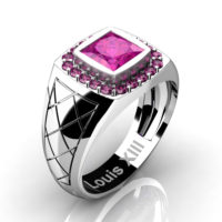 Mens Modern 14K White Gold 1.25 Ct Princess Pink Sapphire Wedding Ring R1131-14KWGPS
