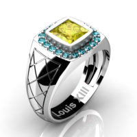 Mens Modern 14K White Gold 1.25 Ct Princess Yellow Sapphire Blue Diamond Wedding Ring R1131-14KWGBLDYS
