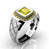 Mens Modern 14K White Gold 1.25 Ct Princess Yellow Sapphire Wedding Ring R1131-14KSWGYS
