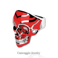 Mens Modern Italian 10K White Gold Red Enamel Skull Ring R635-10KWGRE