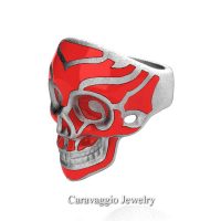 Mens Modern Italian 10K White Gold Red Enamel Skull Ring R635-10KWGSRE