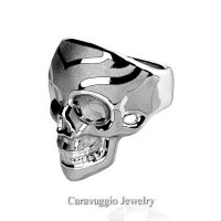 Mens Modern Italian 10K White Gold Skull Ring R635-10KWGS