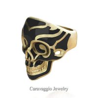 Mens Modern Italian 10K Yellow Gold Black Enamel Skull Ring R635-10KYGSBE