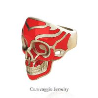 Mens Modern Italian 10K Yellow Gold Red Enamel Skull Ring R635-10KYGSRE