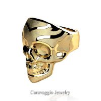 Mens Modern Italian 10K Yellow Gold Skull Ring R635-10KYGS