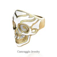 Mens Modern Italian 10K Yellow Gold White Enamel Skull Ring R635-10KYGSWE